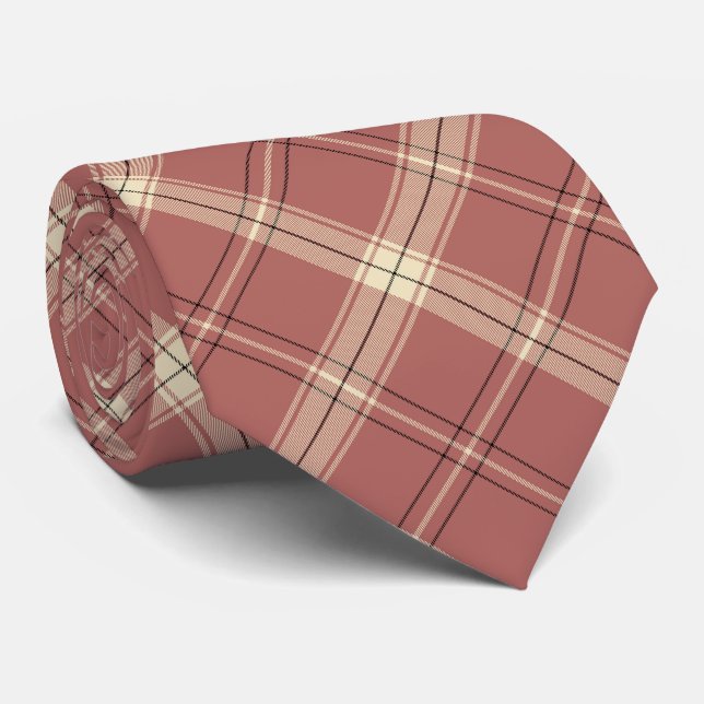  Elegant Plaid Pink Black and Beige Tie (Rolled)