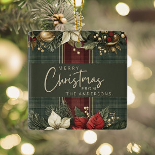 Elegant Plaid Poinsettia Name Merry Christmas Ceramic Ornament