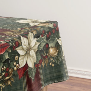 Elegant Plaid Poinsettias Christmas Holiday Tablecloth