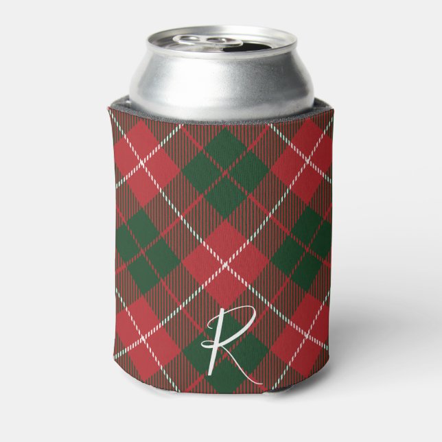 Elegant Plaid Red Green Tartan Monogram Custom Can Cooler (Can Back)