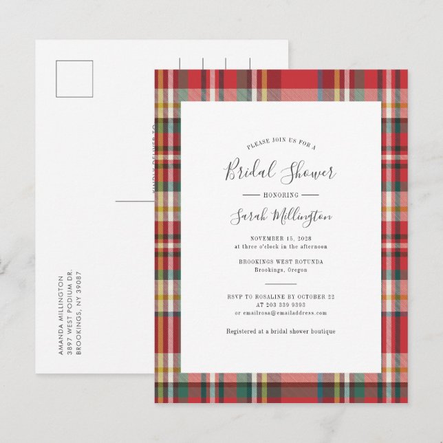Elegant Plaid Rustic Modern Bridal Shower Invitation Postcard (Front/Back)