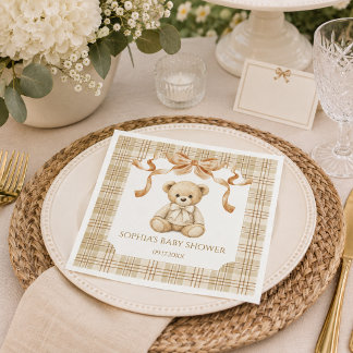 Elegant Plaid Teddy Bear Neutral Baby Showe Napkin