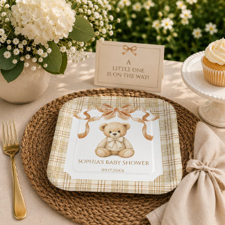 Elegant Plaid Teddy Bear Neutral Baby Showe Paper Plate