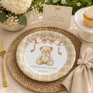 Elegant Plaid Teddy Bear Neutral Baby Showe Paper Plate