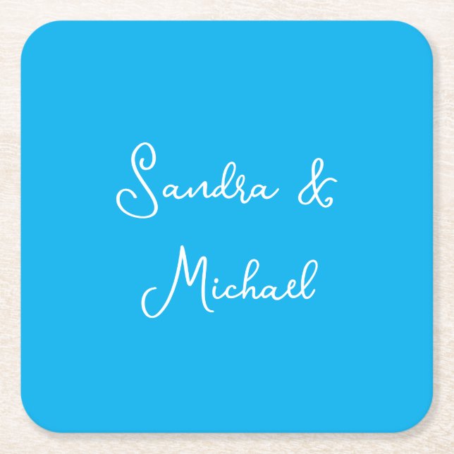 Elegant Plain Azure Blue Personalized Custom Square Paper Coaster (Front)