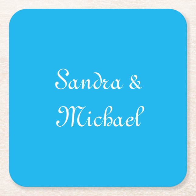 Elegant Plain Azure Blue Personalized Custom Square Paper Coaster (Front)