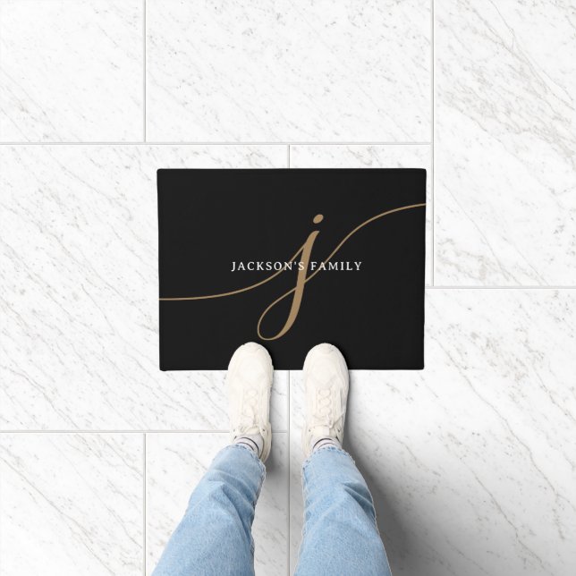 Elegant Plain Black and Gold Script Monogram Doormat (Indoor)