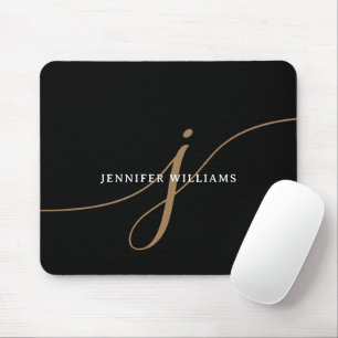 Elegant Plain Black and Gold Script Monogram Mouse Pad