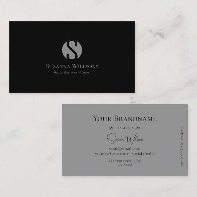Elegant Plain Black and Grey with Monogram Modern Business Card (Front/Back)