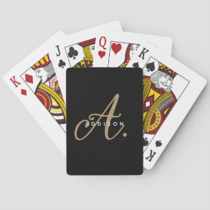 Elegant Plain Black Gold Script Monogram Playing Cards