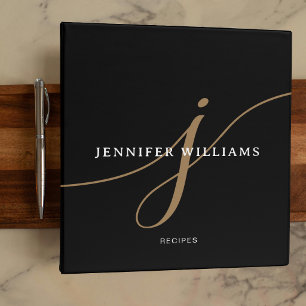 Elegant Plain Black Gold Script Monogram Recipe Binder