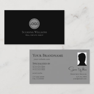 Elegant Plain Black Grey with Logo and Photo Cool Business Card
