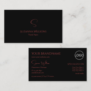 Elegant Plain Black Red with Monogram and Logo Business Card