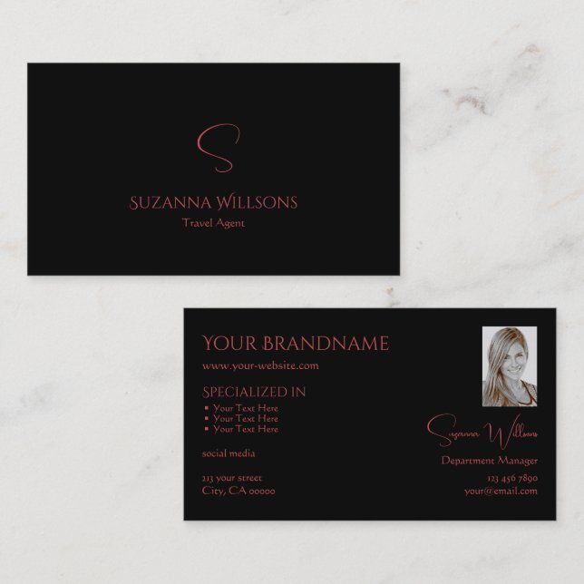 Elegant Plain Black Red with Monogram and Photo Business Card (Front/Back)