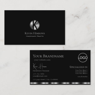 Elegant Plain Black Silver with Monogram and Logo Business Card