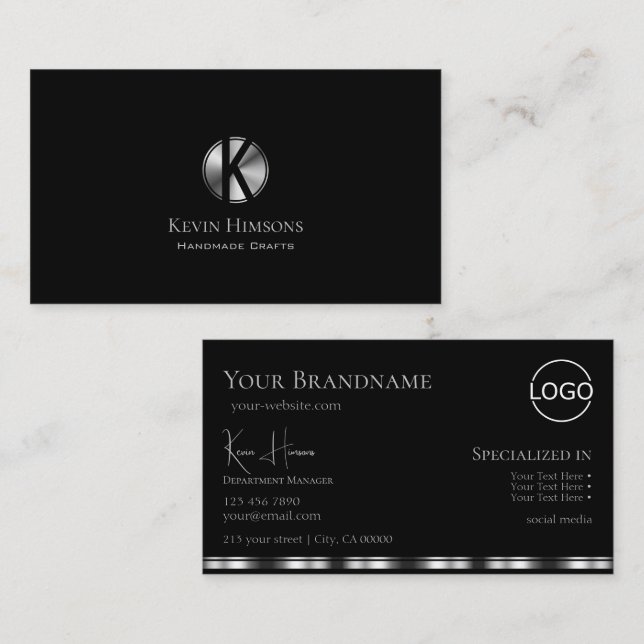 Elegant Plain Black Silver with Monogram and Logo Business Card (Front/Back)