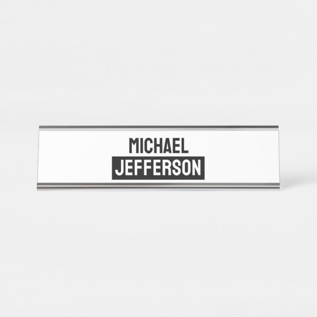 Elegant Plain Black White Personalized Custom Desk Name Plate (Front)