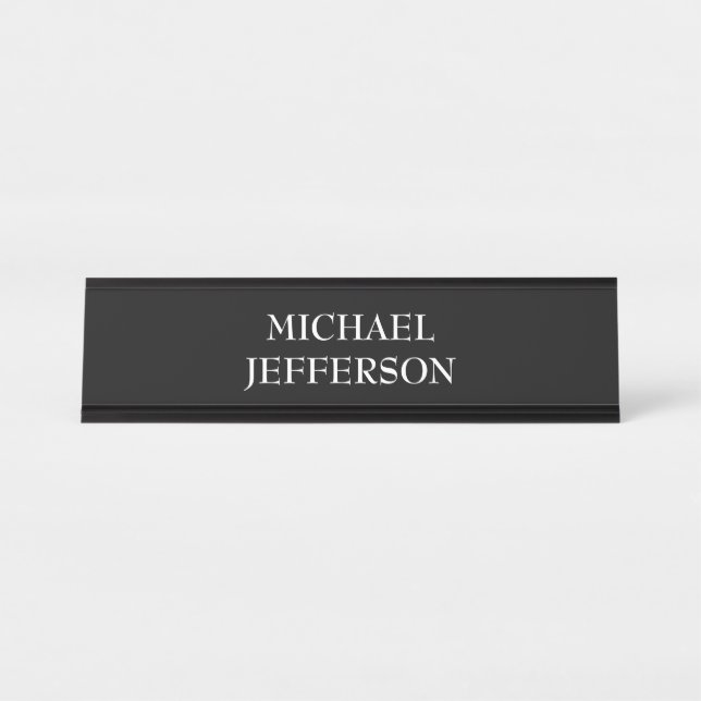 Elegant Plain Black White Personalized Custom Desk Name Plate (Front)