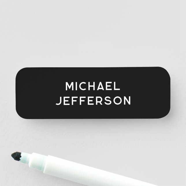 Elegant Plain Black White Personalized Custom Name Tag (In Situ)