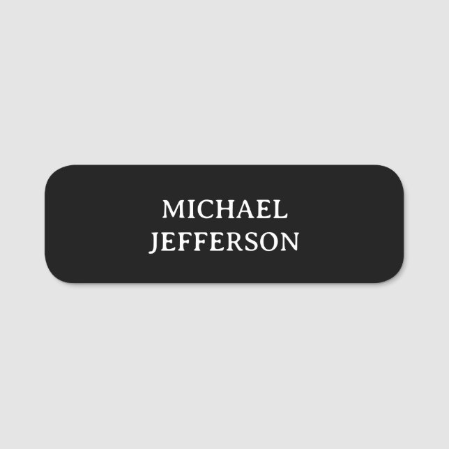 Elegant Plain Black White Personalized Custom Name Tag (Front)