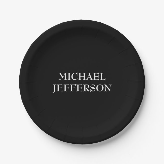 Elegant Plain Black White Personalized Custom Paper Plate (Front)