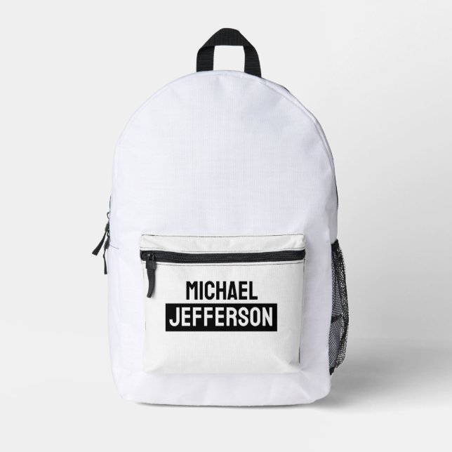 Elegant Plain Black White Personalized Custom Printed Backpack (Front)