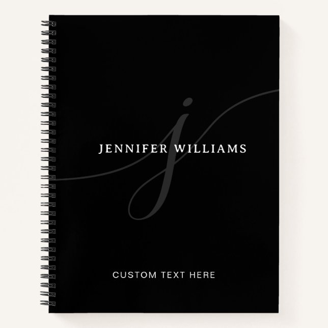 Elegant Plain Black White Silver Script Monogram Notebook (Front)
