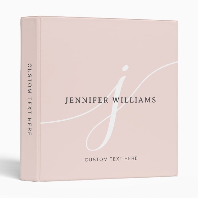 Elegant Plain Blush Pink White Script Monogram Binder (Front/Spine)