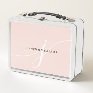 Elegant Plain Blush Pink White Script Monogram Metal Lunch Box