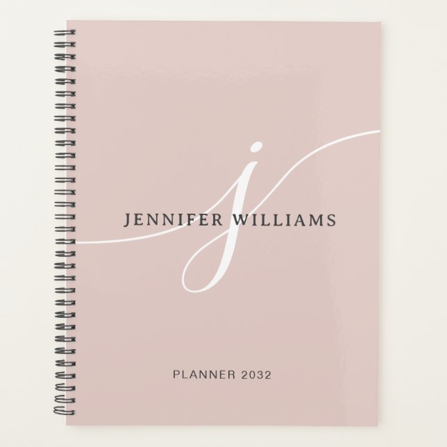 Elegant Plain Blush Pink White Script Monogram Planner (Front)