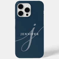 Elegant Plain Dusty Navy Blue Script Monogram