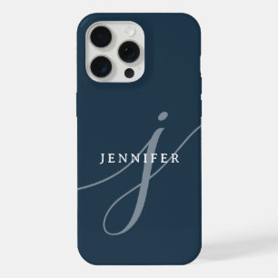 Elegant Plain Dusty Navy Blue Script Monogram iPhone 15 Pro Max Case