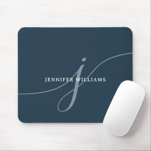 Elegant Plain Dusty Navy Blue Script Monogram Mouse Pad