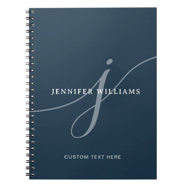 Elegant Plain Dusty Navy Blue Script Monogram Notebook (Front)