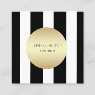 Elegant plain faux gold circle black/white stripes square business card