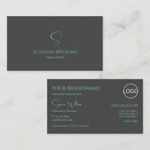 Elegant Plain Grey Teal with Monogram and Logo Business Card