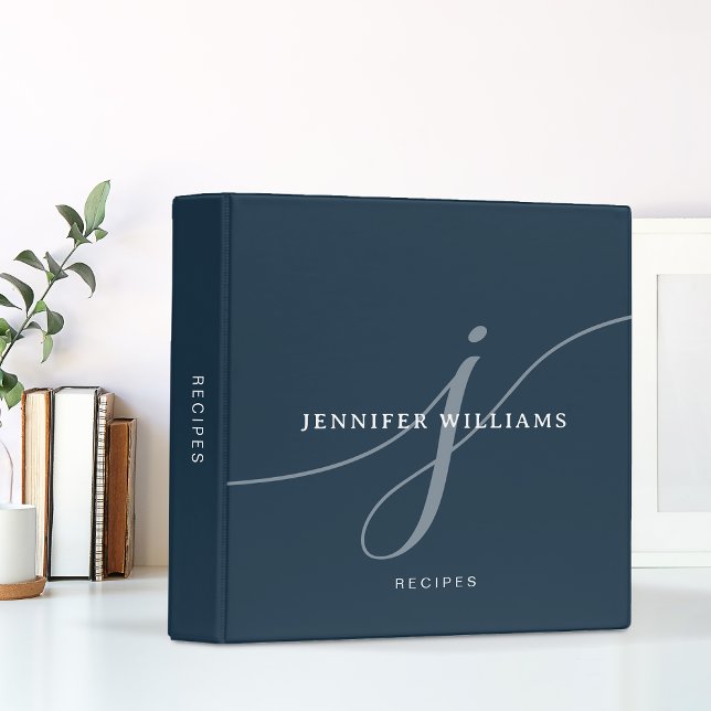 Elegant Plain Navy Blue Script Monogram Recipe Binder (Creator Uploaded)