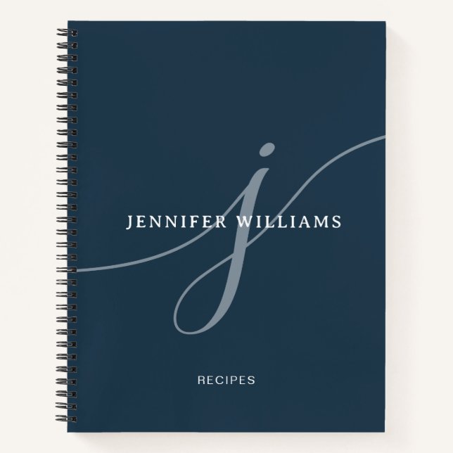 Elegant Plain Navy Blue Script Monogram Recipe Notebook (Front)