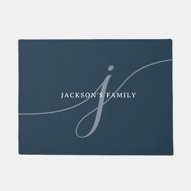 Elegant Plain Navy Blue White Script Monogram Doormat (Front)