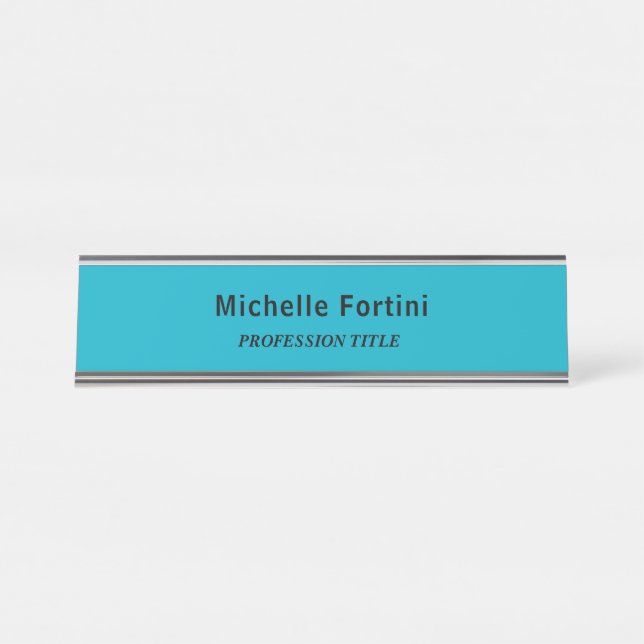 Elegant Plain Simple Minimalist Azure Blue Desk Name Plate (Front)