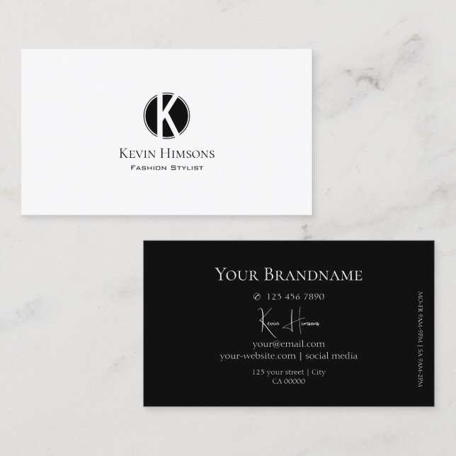 Elegant Plain White and Black with Monogram Modern Business Card (Front/Back)