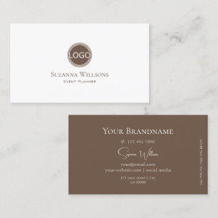 Elegant Plain White and Brown with Logo Stylish Business Card
