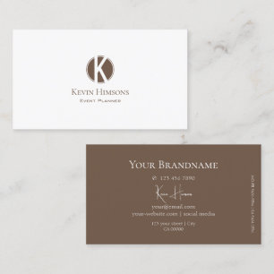 Elegant Plain White and Brown with Monogram Modern Business Card