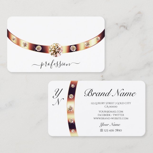 Elegant Plain White and Rose Gold Border Monogram Business Card (Front/Back)