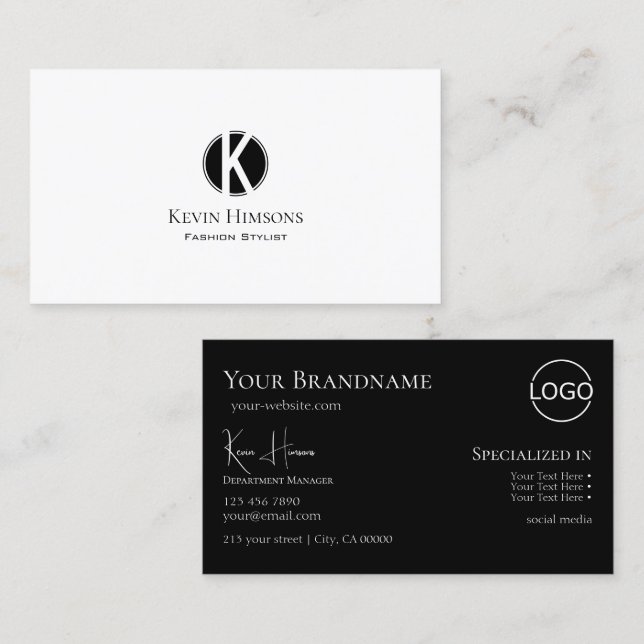 Elegant Plain White Black with Monogram and Logo Business Card (Front/Back)