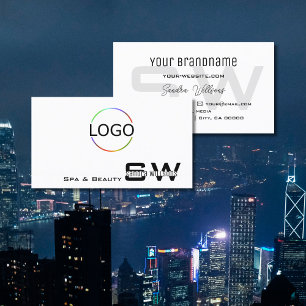 Elegant Plain White with Monogram and Logo Simple Business Card