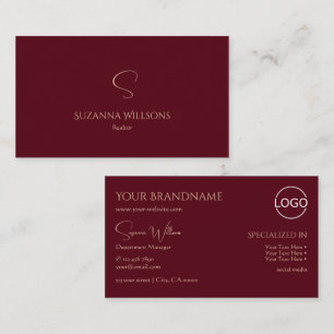 Elegant Plain Wine Red with Monogram and Logo Chic Business Card