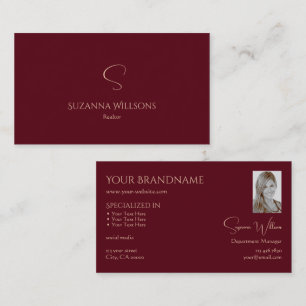 Elegant Plain Wine Red with Monogram and Photo Business Card