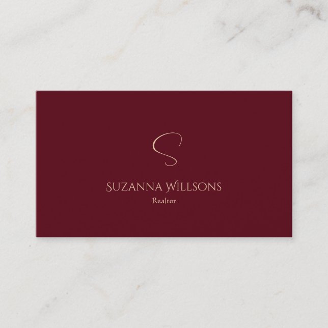 Elegant Plain Wine Red with Monogram Simply Modern Business Card (Front)