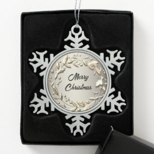 Elegant Platinum Metallic Wreath Merry Christmas  Snowflake Pewter Christmas Ornament